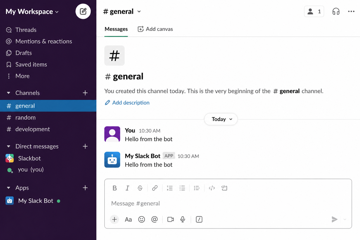 Slack bot reply in channel