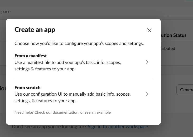 Slack app creation dialog
